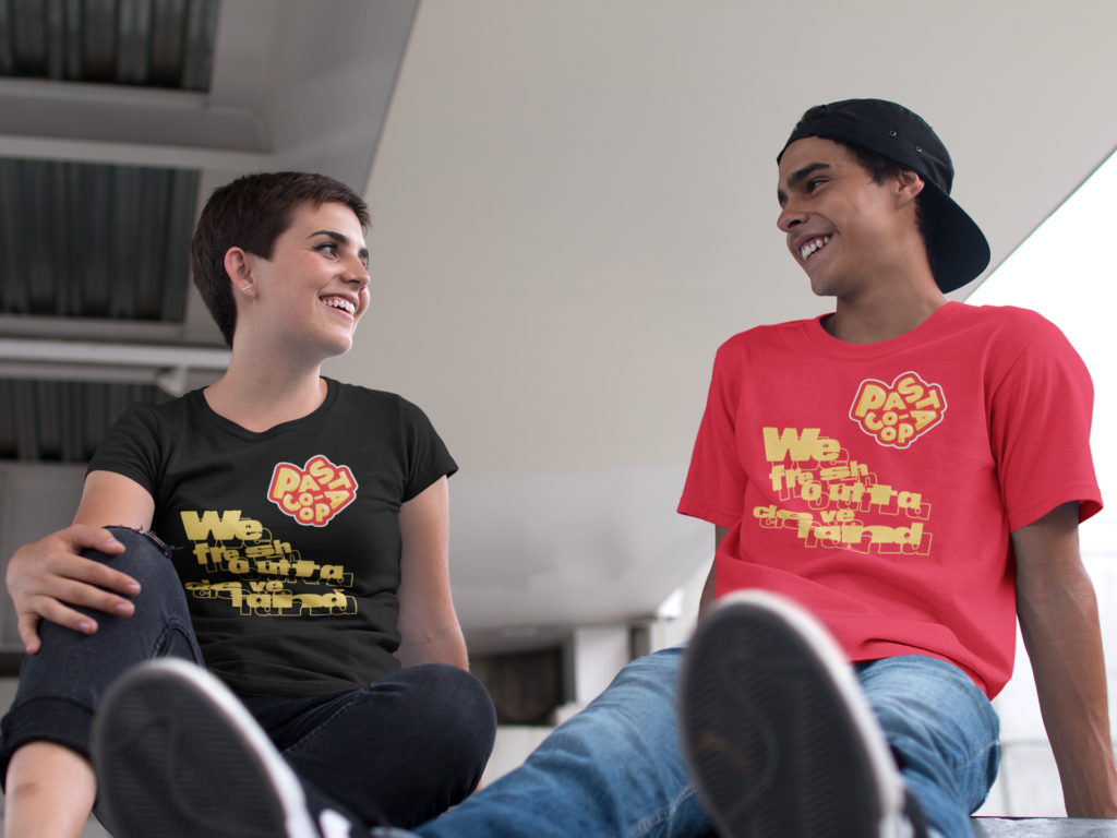 young people wearing pasta co-op shirts