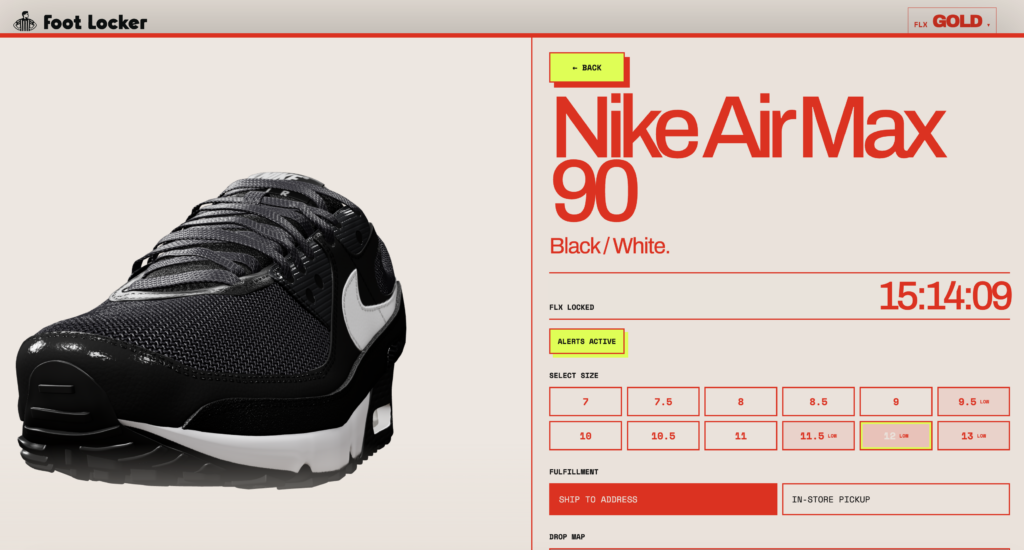 Nike Air Max 90 sneaker displayed in a split-screen hero; left shows the shoe, right shows product branding on a Foot Locker page.