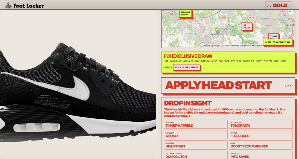 Close-up of a black Nike sneaker on the left with a beige site layout and red-accented promo blocks on the right.