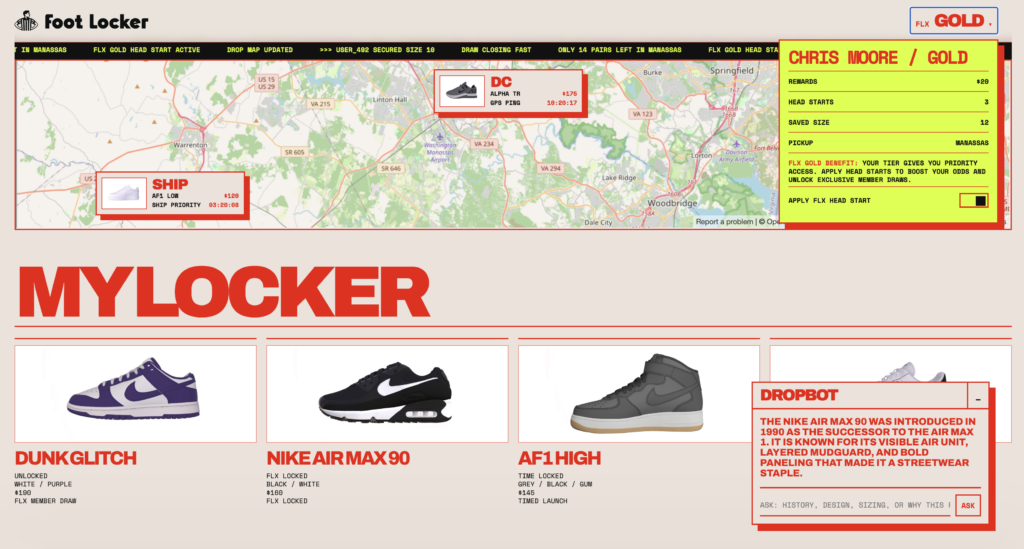 Foot Locker homepage layout featuring a map banner with sneaker product cards and a bright yellow loyalty panel on the right.