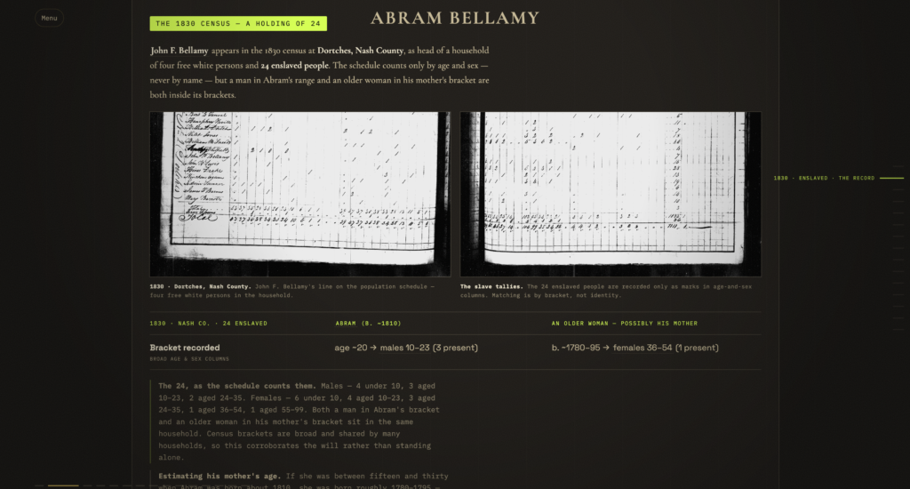 Two black-and-white 1830 census pages shown side by side on a dark historical website about Abram Bellamy.