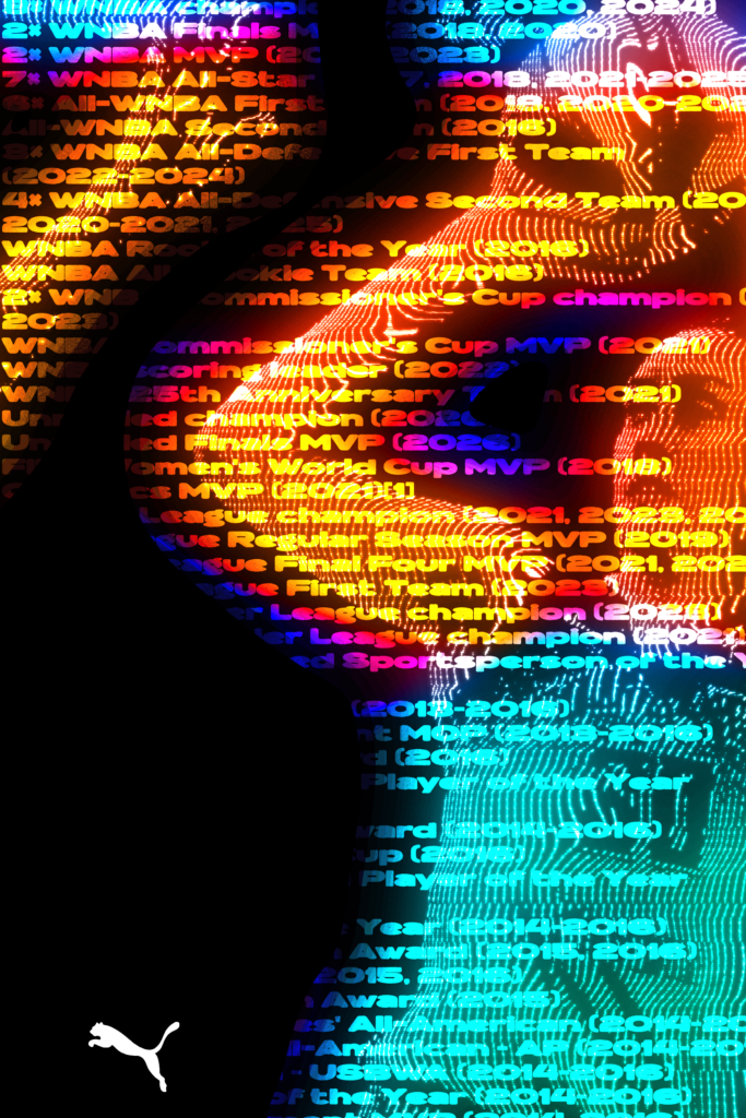 Colorful poster-style collage of award years and titles over a black abstract shape, with a white Puma logo in the bottom left.